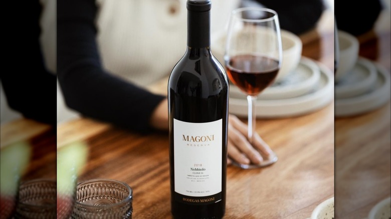 A bottle of Magoni Reserva Nebbiolo Clone 34 on a table