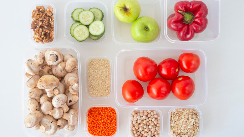 fruits vegetables buts seeds in pastic containers