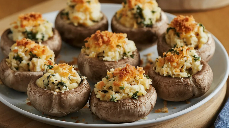 A plate of stuffed mushroom caps.