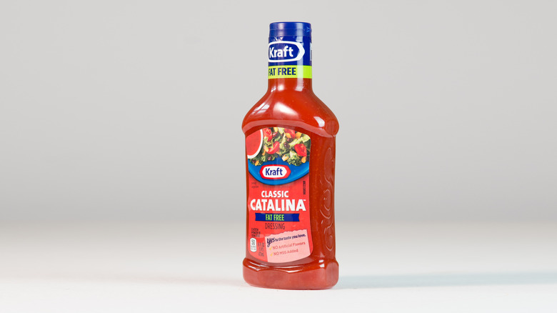 bottle of Kraft Classic Catalina dressing against gray background