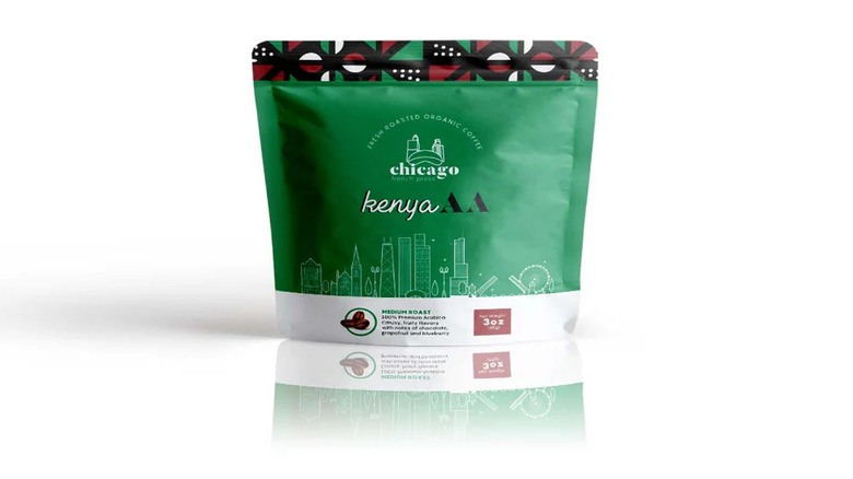 Closeup of Chicago French Press coffee bag on a white background