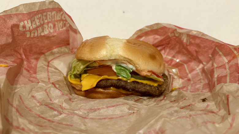 A Jumbo Jack sitting on its wrapper