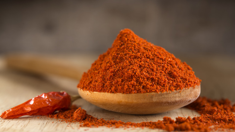 Wooden spoon of paprika powder with a single dried chili on the side