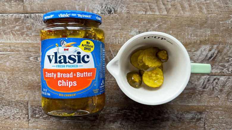 Vlasic bread and butter chips on wooden surface