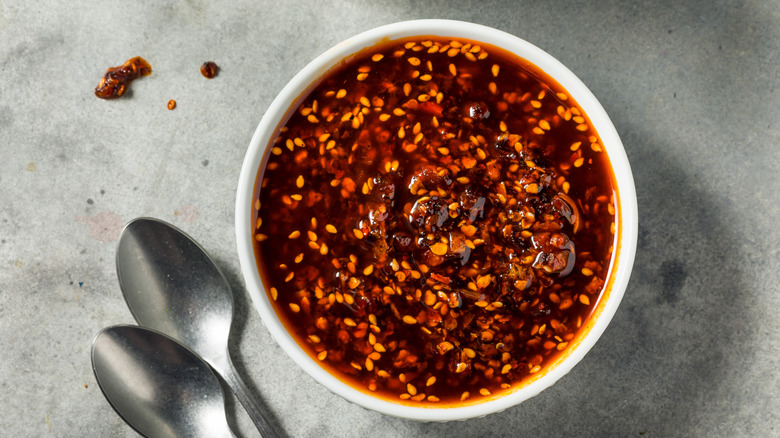 White bowl of chili crisp