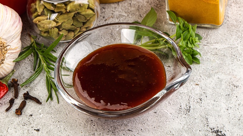 Glass bowl of tonkatsu sauce