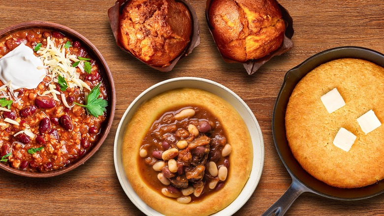 Chili served inside of cornbread bowls