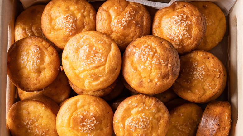A box of cornbread muffins viewed from the top