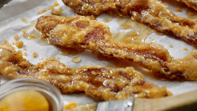 Candied bacon on a pan
