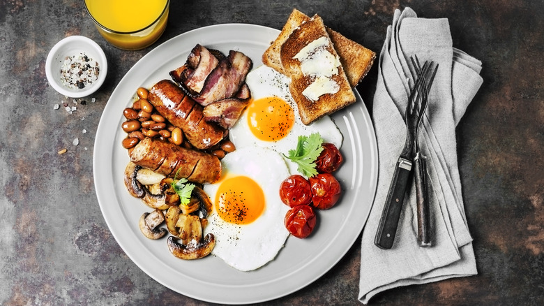 fried breakfast eggs bacon sausages