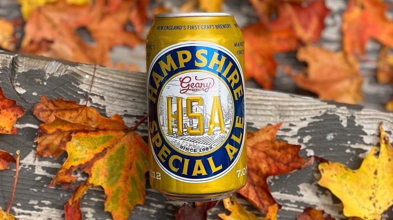 A can of Geary Hampshire Special Ale is surrounded by autumn leaves.