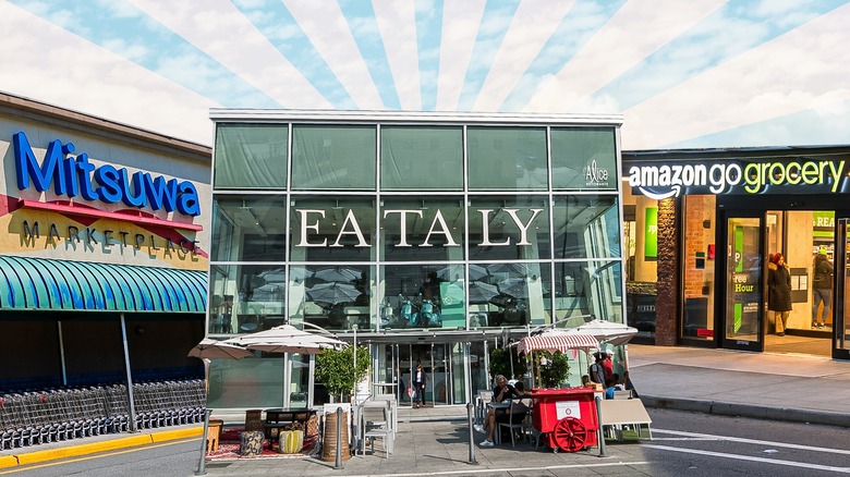 various unique store fronts with sky background