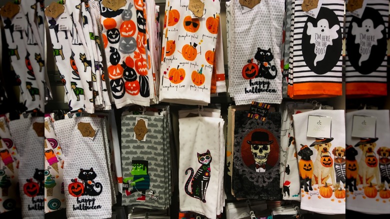 Various Halloween-themed kitchen towels