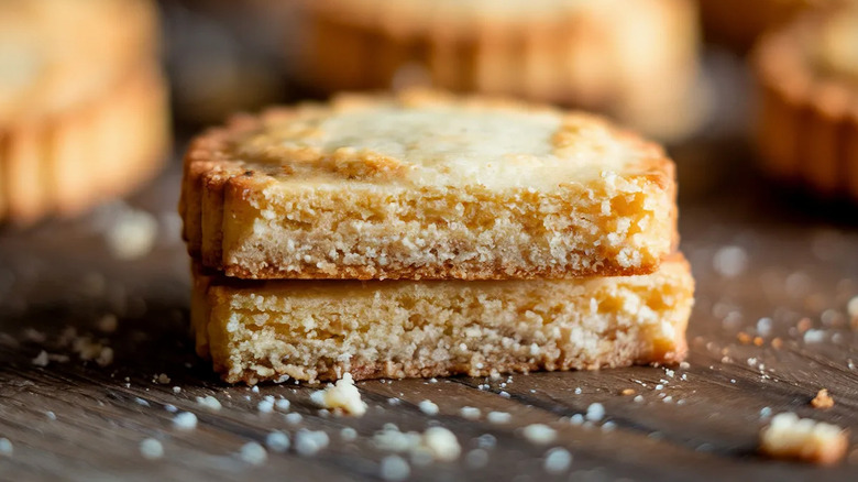 Crumbly shortbread cookies are stacked