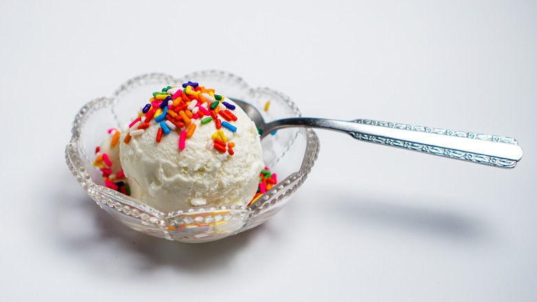Vanilla ice cream in a dish with rainbow sprinkles