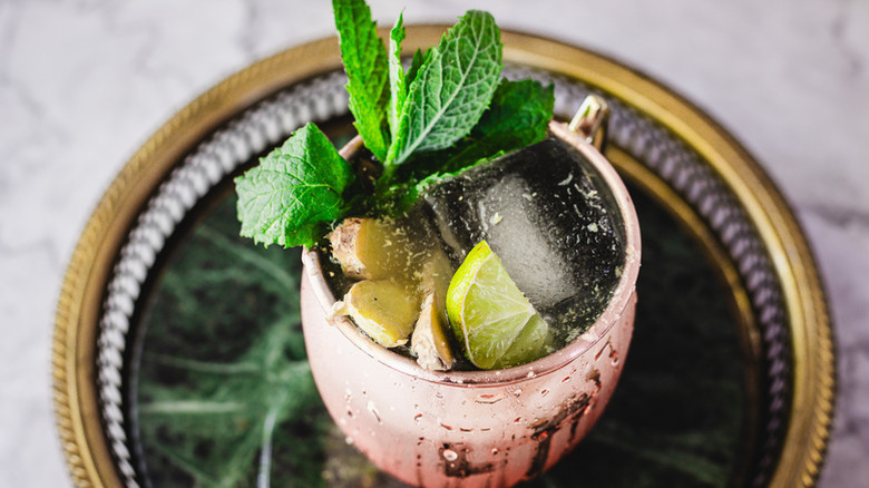 beautifully garnished Moscow mule on serving tray