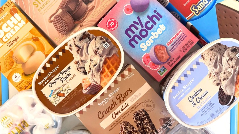 top-down view of assorted Aldi frozen dessert packages