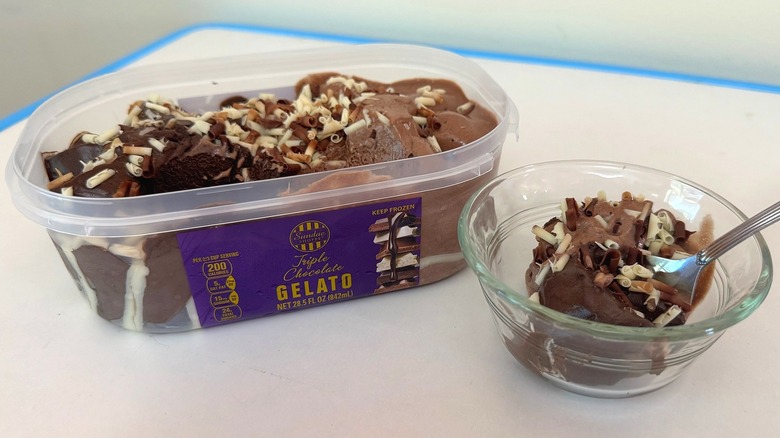 Tub of Sundae Shoppe Triple Chocolate Gelato beside small filled bowl