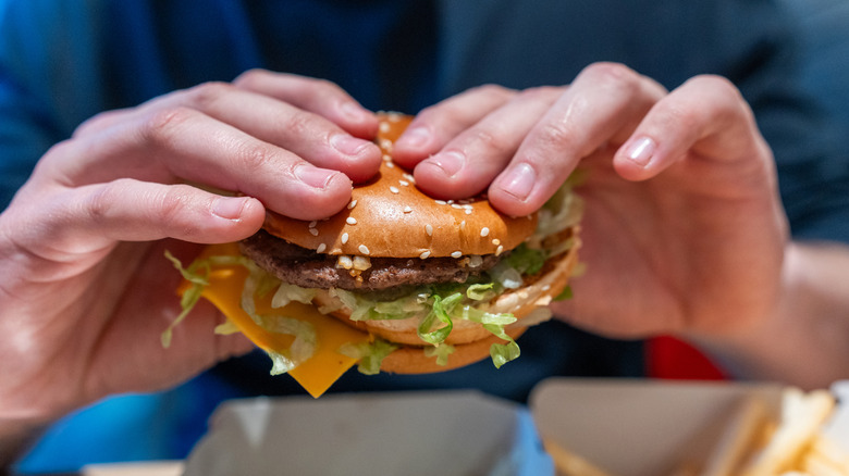 A person holding a fast food cheeseburger