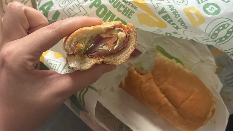 A person holding a Subway sub