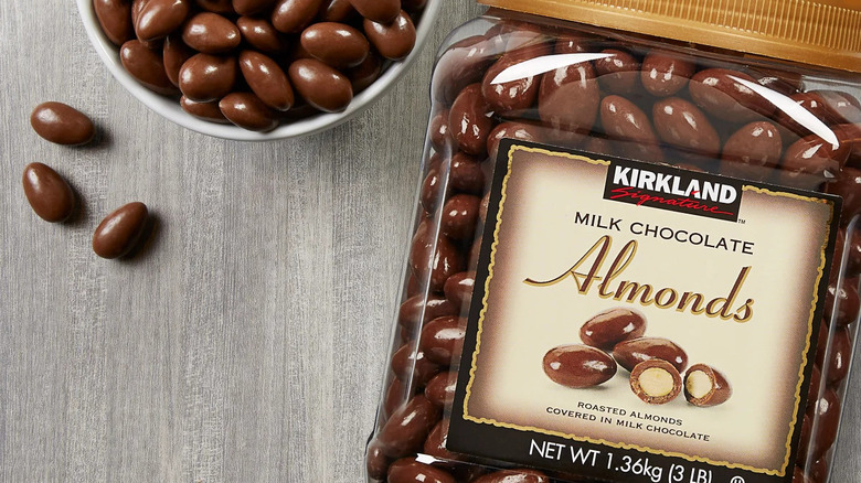 chocolate covered almonds on table