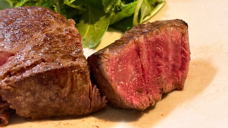 Close up of sliced Wagyu steak