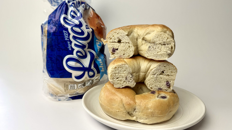 Lender's Original Blueberry Bagels, both on a plate and in the original packaging