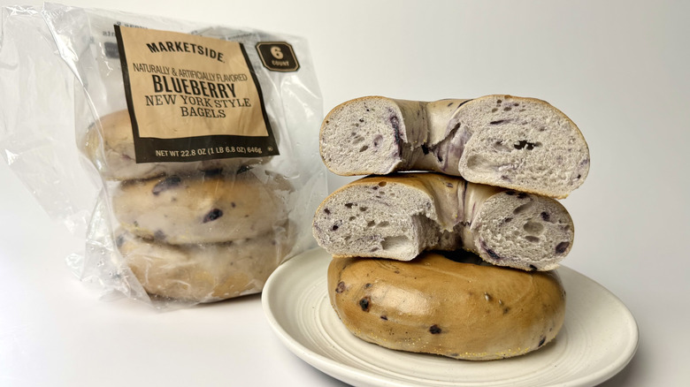 Marketside New York Style Blueberry Bagels, both on a plate and in the original packaging