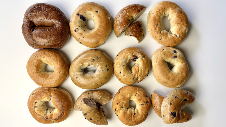 Rows of various blueberry bagels