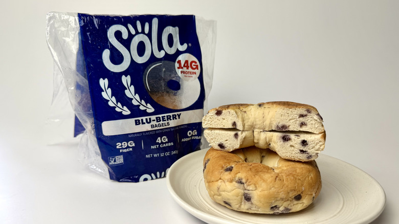 Sola Blu-Berry Bagels, both on a plate and in the original packaging