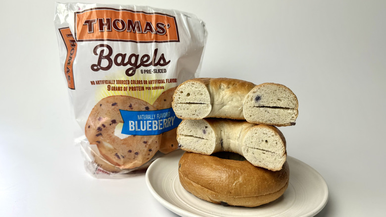 Thomas' Blueberry Bagels, both on a plate and in the original packaging