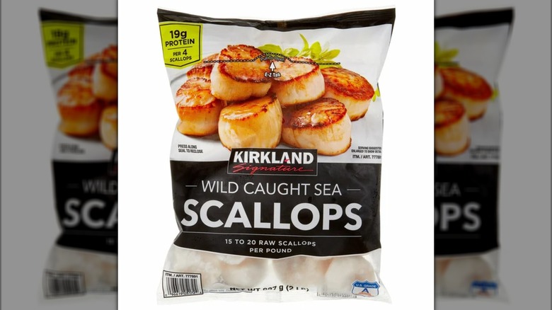 A bag of Kirkland Signature wild caught sea scallops