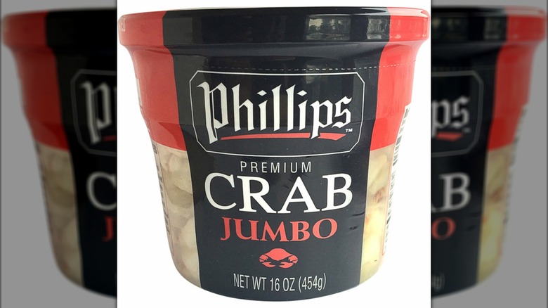 A container of Phillips premium jumbo lump crab meat