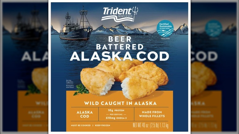 A box of Trident Seafoods beer battered Alaska cod