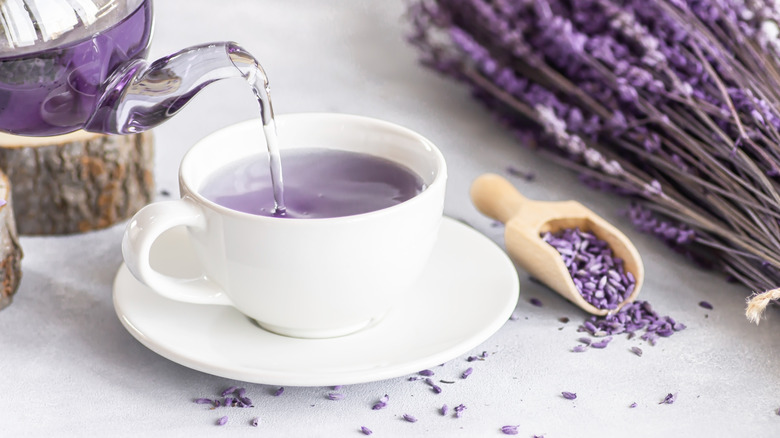 Lavender tea flanked with lavender flowers