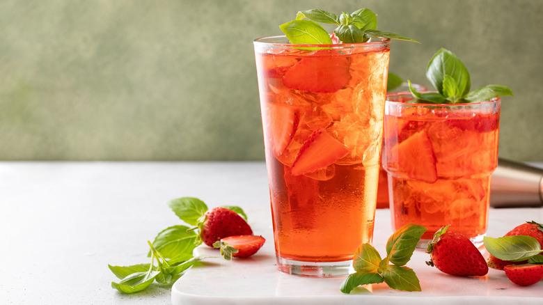Glasses of strawberry and basil tea