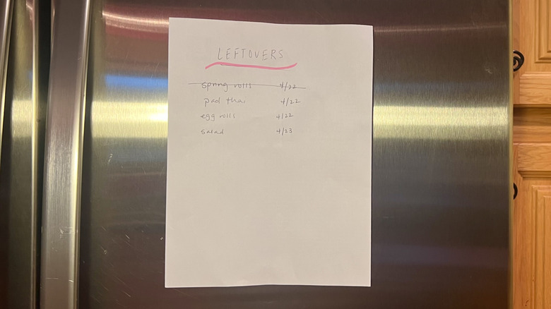 List of leftovers on refrigerator door