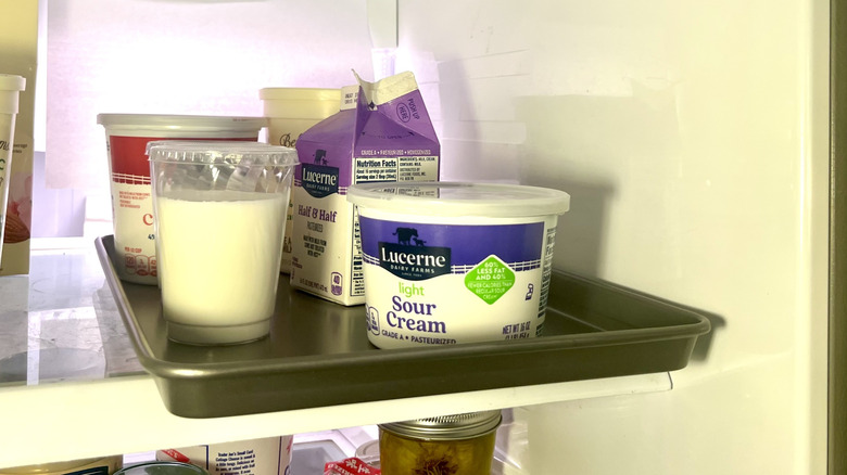 Ingredients in baking pan in fridge