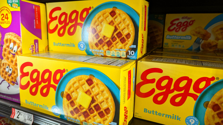 Eggo waffles in freezer aisle of grocery store