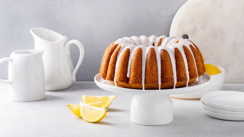 A Bundt cake is drizzled with glaze