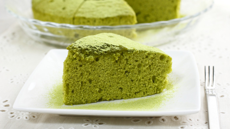 matcha chiffon cake white plate
