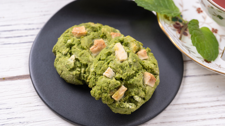matcha cookies on black plate