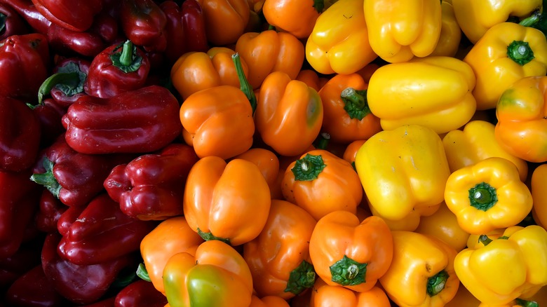 Assortment of red, orange, and yellow bell peppers