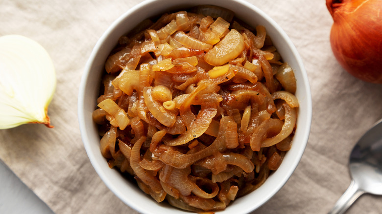 Caramelized onions in white bowl