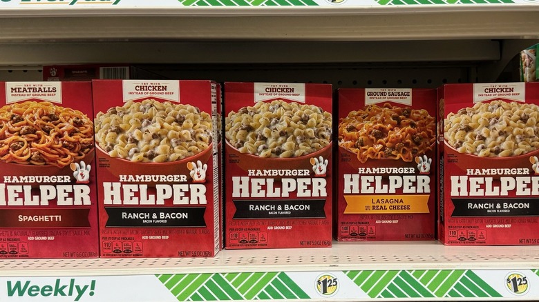 row of Hamburger Helper boxes