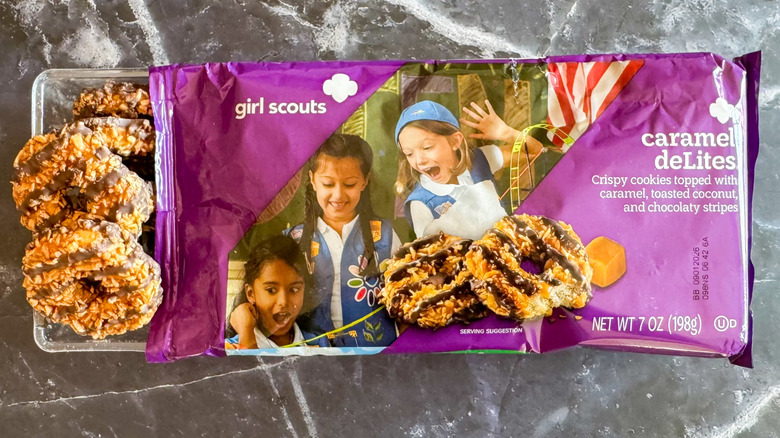 Caramel deLites cookies on slate background