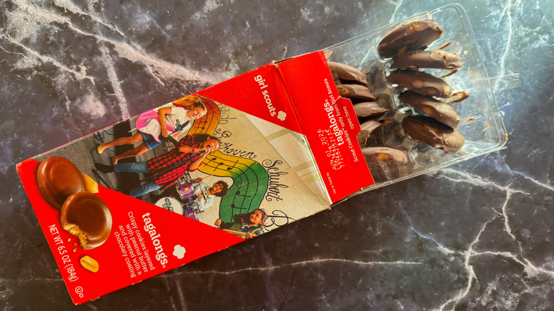 Tagalongs cookies on slate background