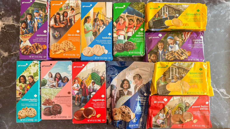 Girl Scout cookies on slate background
