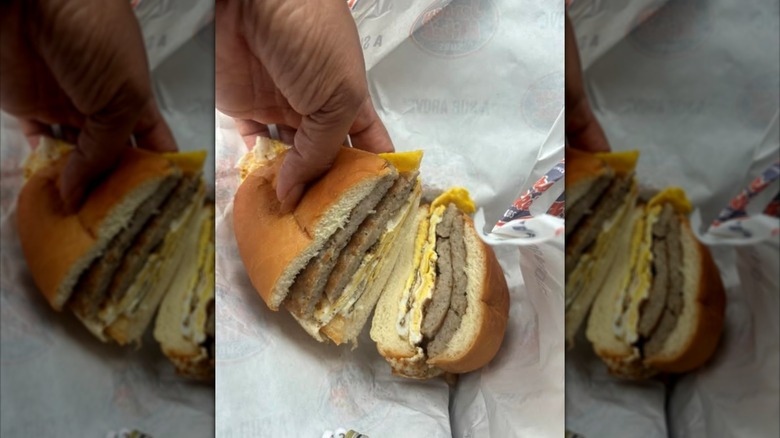 A Sausage, Egg, and Cheese breakfast sandwich from Jersey Mike's