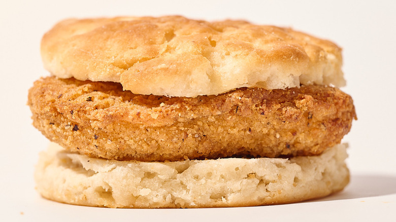 Chicken biscuit sandwich on a table